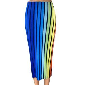 Sabora Womens Multicolor Rainbow Striped Stretch Midi Bodycon Pencil Skirt Sz S